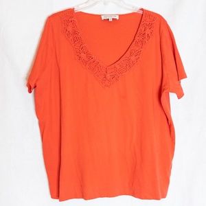 Coral Embroidered V-Neck Short Sleeved T-Shirt